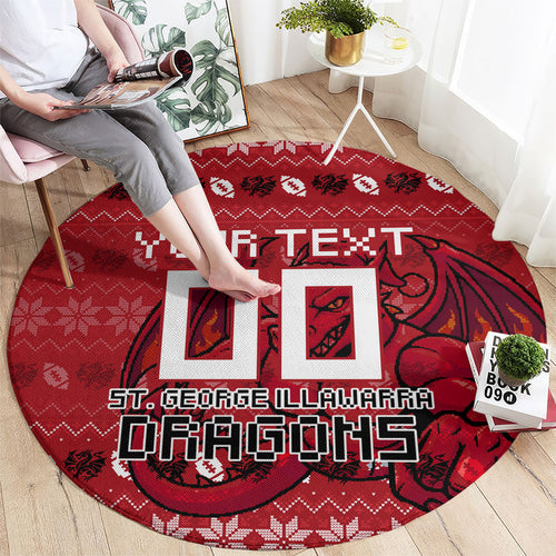 Personalized St George Illawarra Dragons Christmas Round Carpet Australian Rugby Fans - Pixelated Ugly Xmas Pattern Mascot Santa