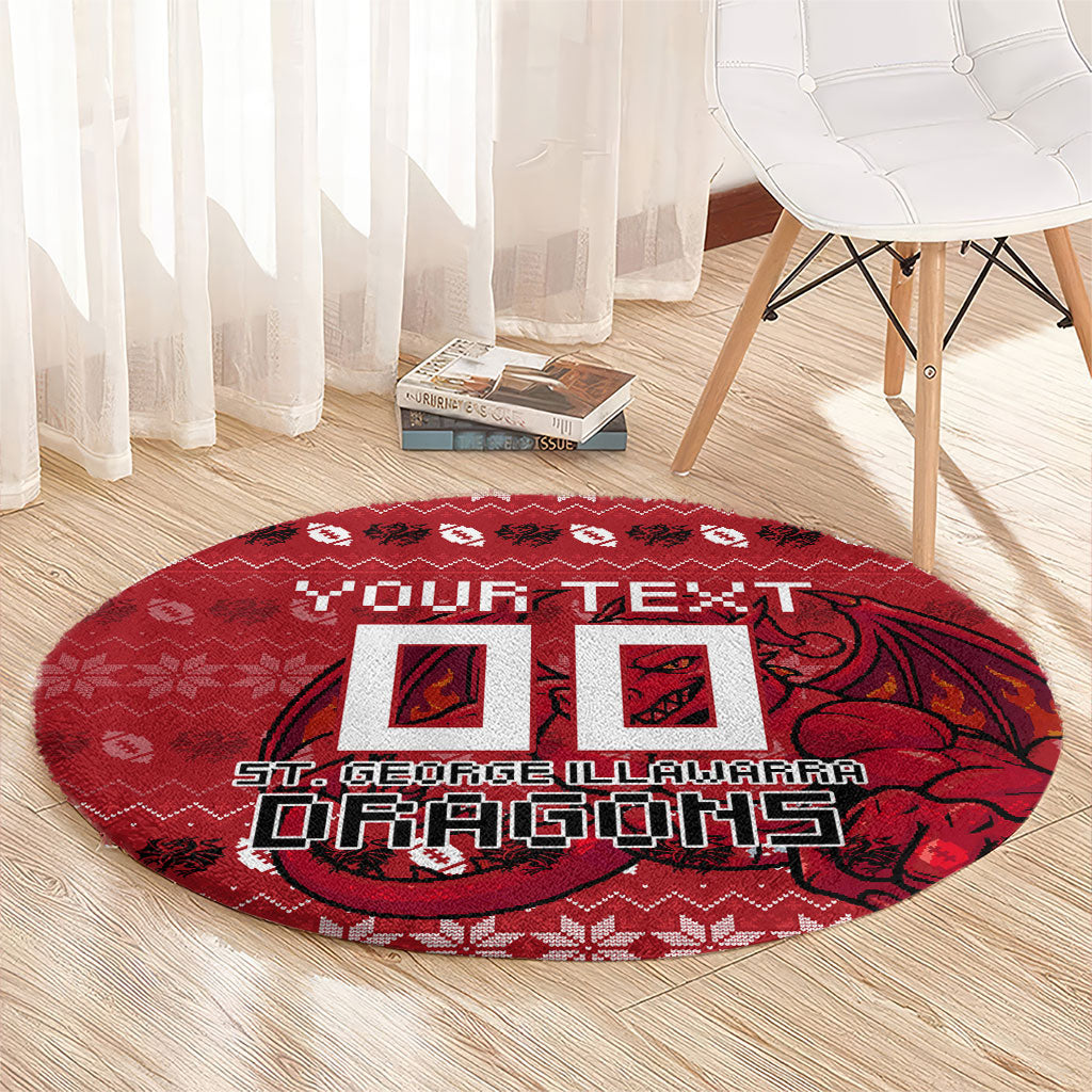 Personalized St George Illawarra Dragons Christmas Round Carpet Australian Rugby Fans - Pixelated Ugly Xmas Pattern Mascot Santa