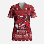 Personalized St George Illawarra Dragons Christmas Scrub Top Australian Rugby Fans - Pixelated Ugly Xmas Pattern Mascot Santa