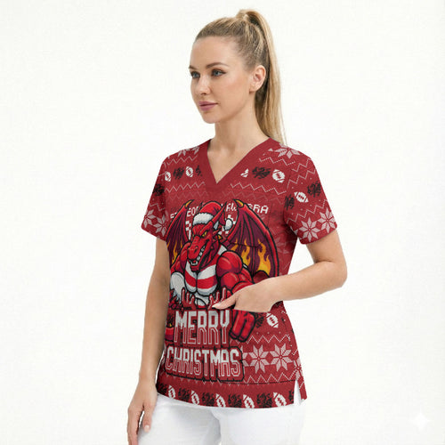 Personalized St George Illawarra Dragons Christmas Scrub Top Australian Rugby Fans - Pixelated Ugly Xmas Pattern Mascot Santa