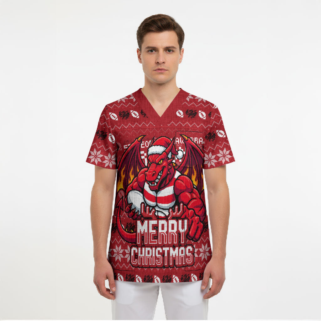 Personalized St George Illawarra Dragons Christmas Scrub Top Australian Rugby Fans - Pixelated Ugly Xmas Pattern Mascot Santa