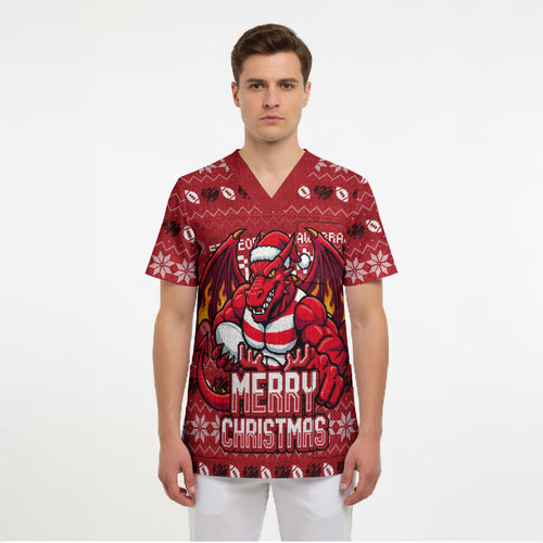 Personalized St George Illawarra Dragons Christmas Scrub Top Australian Rugby Fans - Pixelated Ugly Xmas Pattern Mascot Santa
