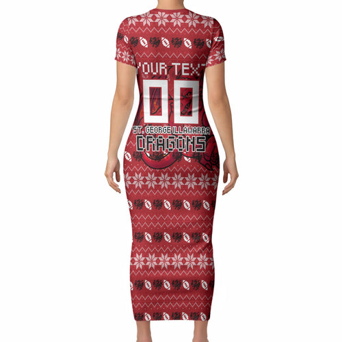Personalized St George Illawarra Dragons Christmas Short Sleeve Bodycon Dress Australian Rugby Fans - Pixelated Ugly Xmas Pattern Mascot Santa