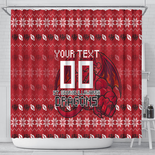 Personalized St George Illawarra Dragons Christmas Shower Curtain Australian Rugby Fans - Pixelated Ugly Xmas Pattern Mascot Santa