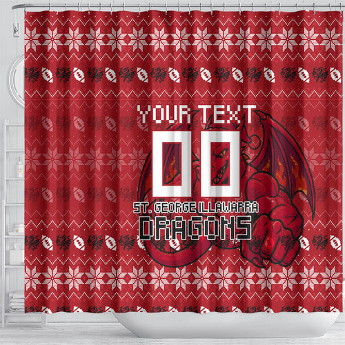 Personalized St George Illawarra Dragons Christmas Shower Curtain Australian Rugby Fans - Pixelated Ugly Xmas Pattern Mascot Santa