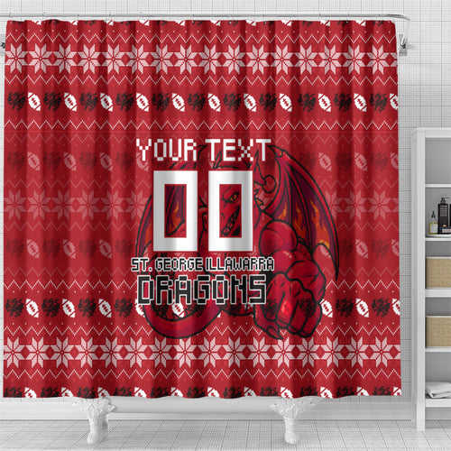 Personalized St George Illawarra Dragons Christmas Shower Curtain Australian Rugby Fans - Pixelated Ugly Xmas Pattern Mascot Santa
