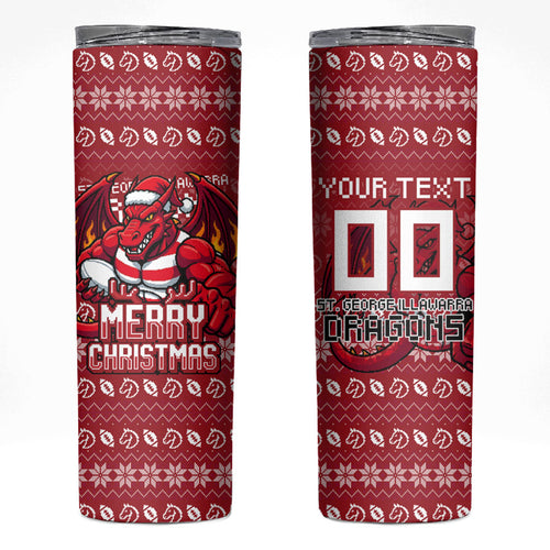 Personalized St George Illawarra Dragons Christmas Skinny Tumbler Australian Rugby Fans - Pixelated Ugly Xmas Pattern Mascot Santa