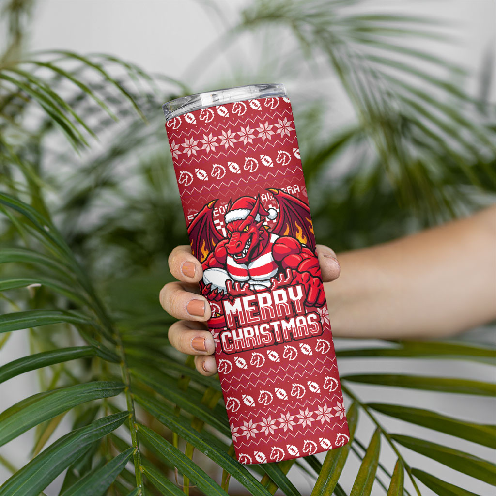 Personalized St George Illawarra Dragons Christmas Skinny Tumbler Australian Rugby Fans - Pixelated Ugly Xmas Pattern Mascot Santa
