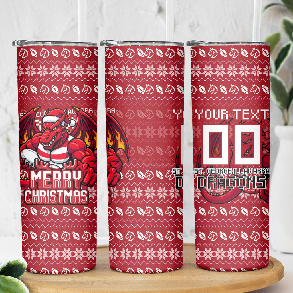 Personalized St George Illawarra Dragons Christmas Skinny Tumbler Australian Rugby Fans - Pixelated Ugly Xmas Pattern Mascot Santa