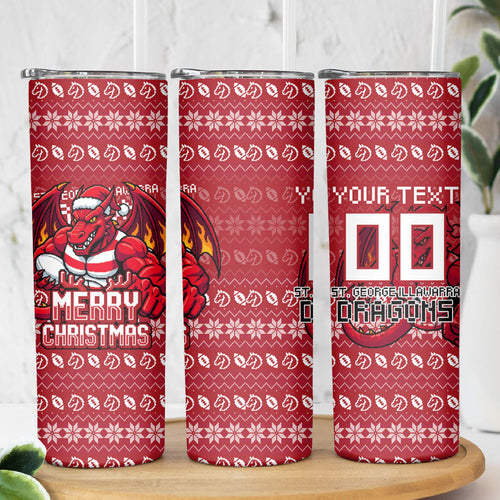 Personalized St George Illawarra Dragons Christmas Skinny Tumbler Australian Rugby Fans - Pixelated Ugly Xmas Pattern Mascot Santa
