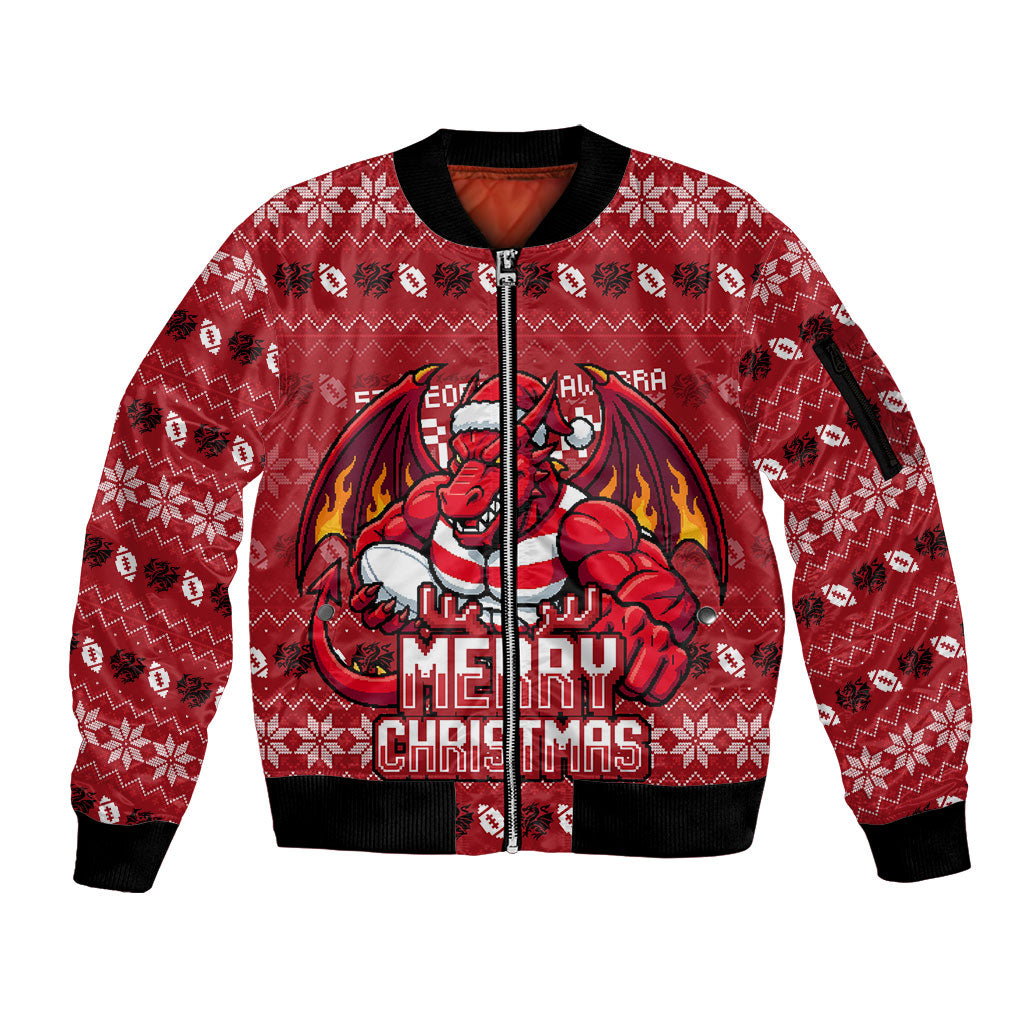 Personalized St George Illawarra Dragons Christmas Sleeve Zip Bomber Jacket Australian Rugby Fans - Pixelated Ugly Xmas Pattern Mascot Santa