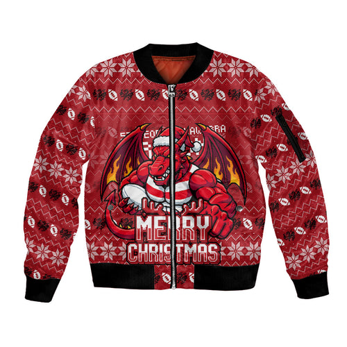 Personalized St George Illawarra Dragons Christmas Sleeve Zip Bomber Jacket Australian Rugby Fans - Pixelated Ugly Xmas Pattern Mascot Santa