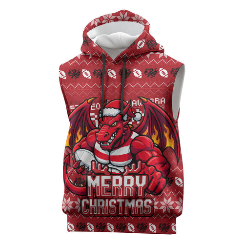 Personalized St George Illawarra Dragons Christmas Sleeveless Hoodie Australian Rugby Fans - Pixelated Ugly Xmas Pattern Mascot Santa
