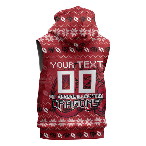 Personalized St George Illawarra Dragons Christmas Sleeveless Hoodie Australian Rugby Fans - Pixelated Ugly Xmas Pattern Mascot Santa
