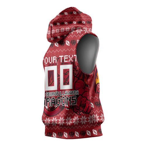 Personalized St George Illawarra Dragons Christmas Sleeveless Hoodie Australian Rugby Fans - Pixelated Ugly Xmas Pattern Mascot Santa