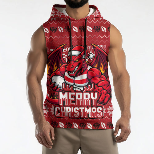 Personalized St George Illawarra Dragons Christmas Sleeveless Hoodie Australian Rugby Fans - Pixelated Ugly Xmas Pattern Mascot Santa