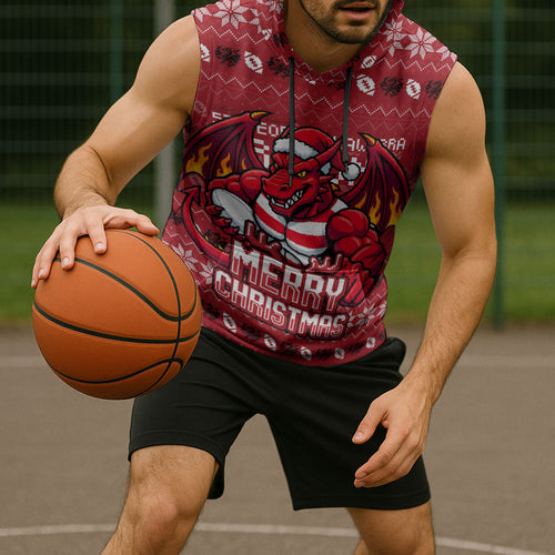 Personalized St George Illawarra Dragons Christmas Sleeveless Hoodie Australian Rugby Fans - Pixelated Ugly Xmas Pattern Mascot Santa