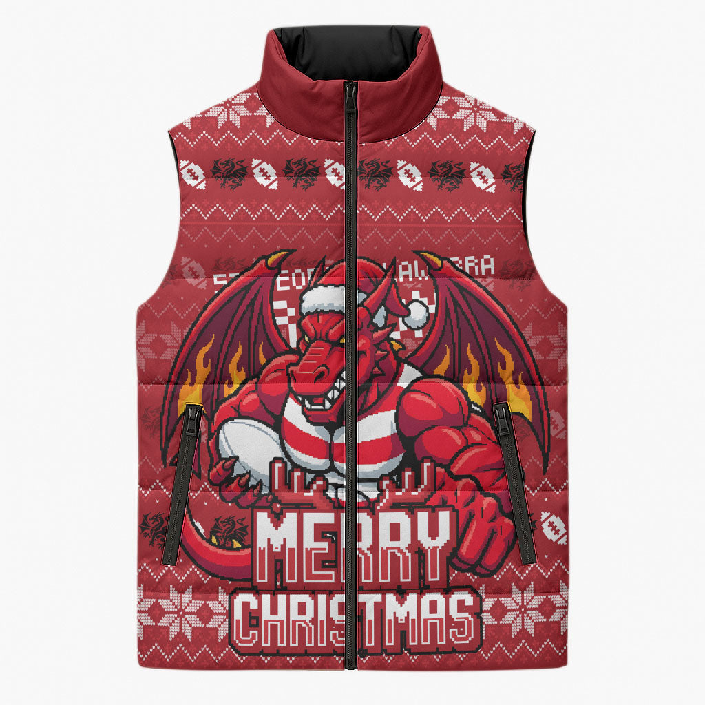 Personalized St George Illawarra Dragons Christmas Sleeveless Puffer Jacket Australian Rugby Fans - Pixelated Ugly Xmas Pattern Mascot Santa
