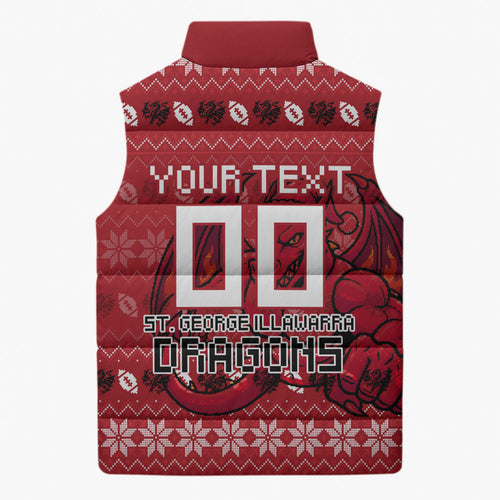 Personalized St George Illawarra Dragons Christmas Sleeveless Puffer Jacket Australian Rugby Fans - Pixelated Ugly Xmas Pattern Mascot Santa