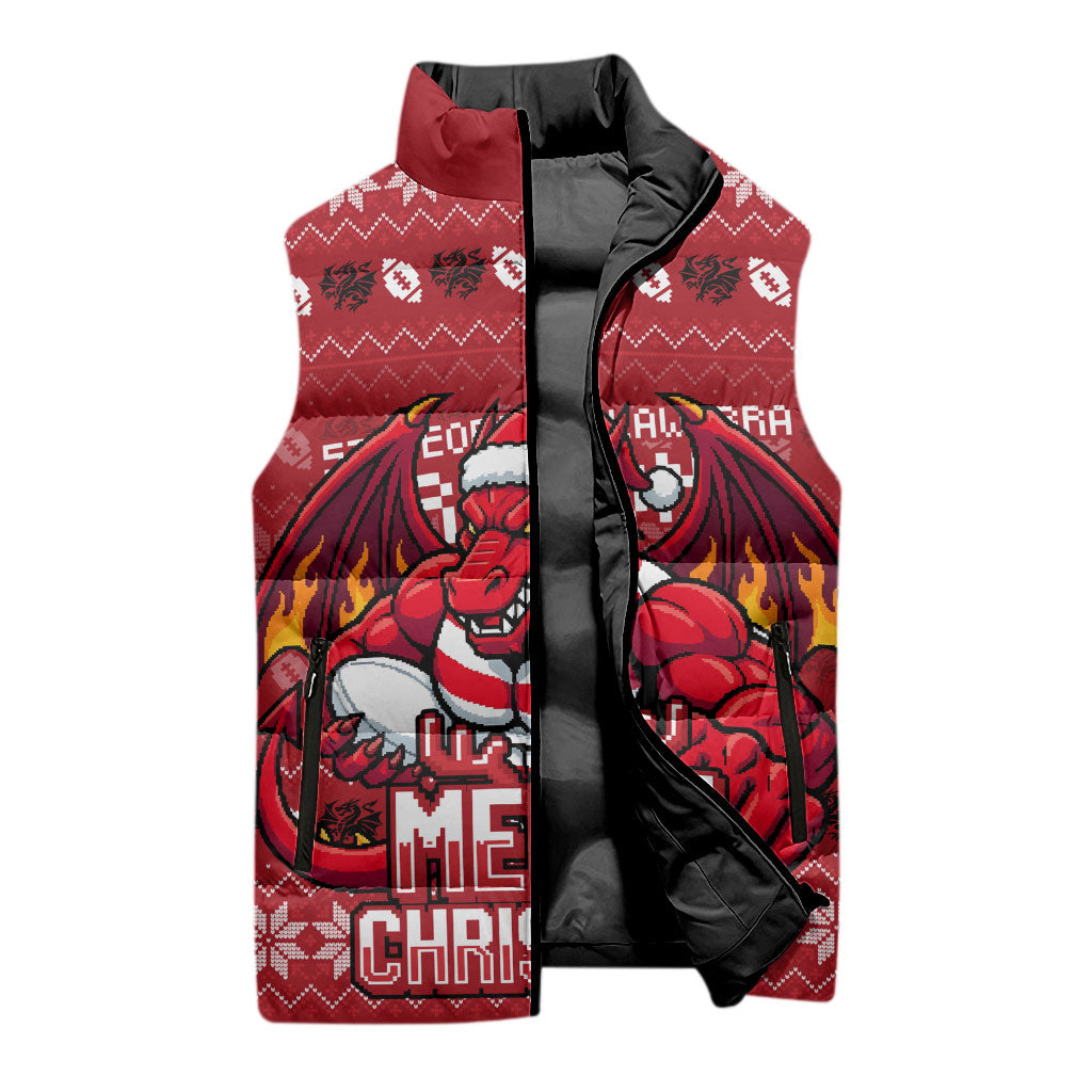 Personalized St George Illawarra Dragons Christmas Sleeveless Puffer Jacket Australian Rugby Fans - Pixelated Ugly Xmas Pattern Mascot Santa