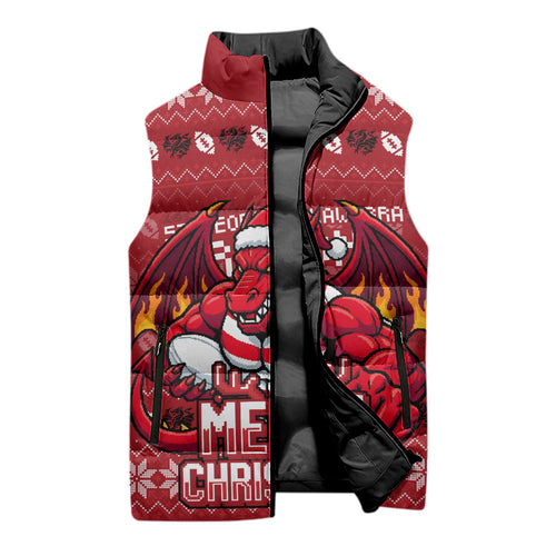 Personalized St George Illawarra Dragons Christmas Sleeveless Puffer Jacket Australian Rugby Fans - Pixelated Ugly Xmas Pattern Mascot Santa