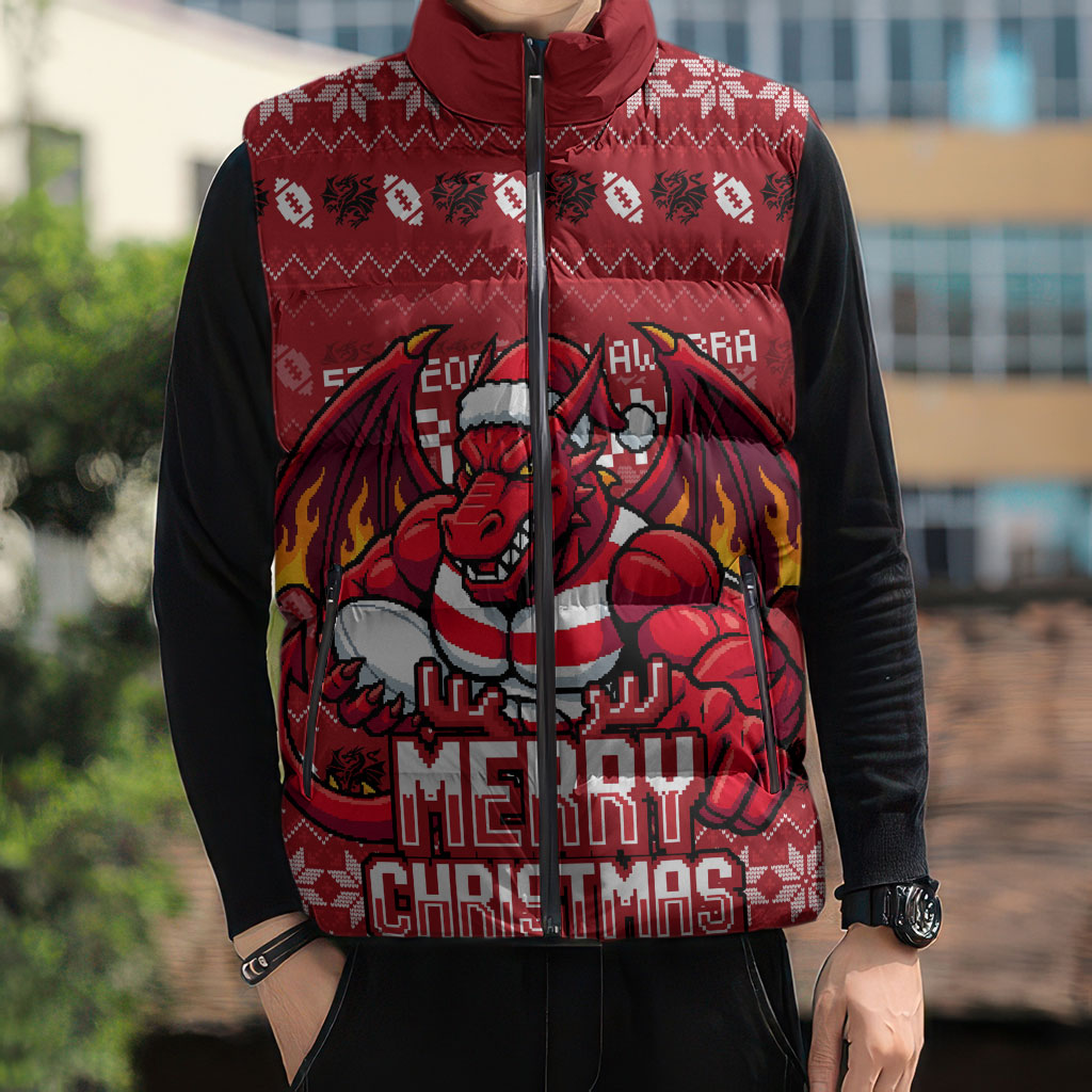 Personalized St George Illawarra Dragons Christmas Sleeveless Puffer Jacket Australian Rugby Fans - Pixelated Ugly Xmas Pattern Mascot Santa