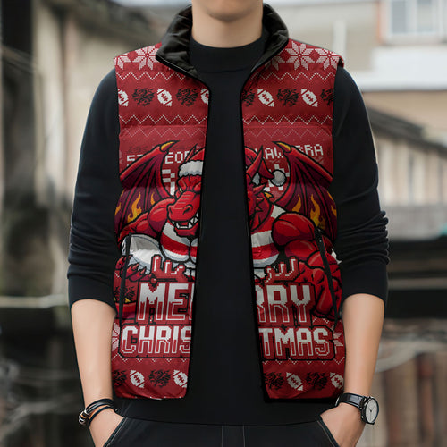 Personalized St George Illawarra Dragons Christmas Sleeveless Puffer Jacket Australian Rugby Fans - Pixelated Ugly Xmas Pattern Mascot Santa