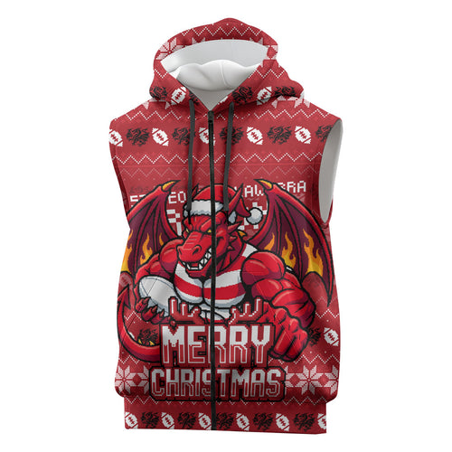 Personalized St George Illawarra Dragons Christmas Sleeveless Zip Hoodie Australian Rugby Fans - Pixelated Ugly Xmas Pattern Mascot Santa