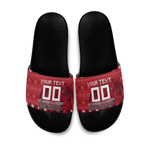 Personalized St George Illawarra Dragons Christmas Slide Sandals Australian Rugby Fans - Pixelated Ugly Xmas Pattern Mascot Santa