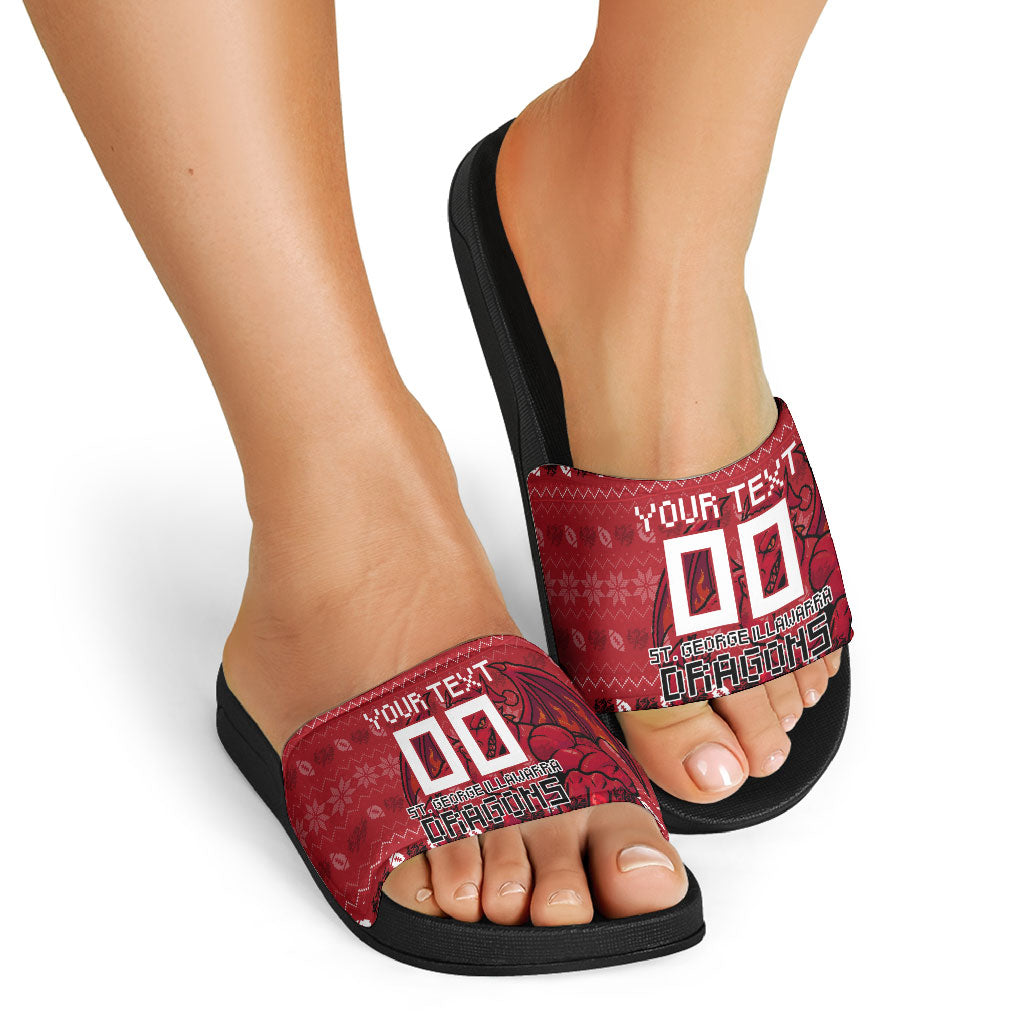 Personalized St George Illawarra Dragons Christmas Slide Sandals Australian Rugby Fans - Pixelated Ugly Xmas Pattern Mascot Santa