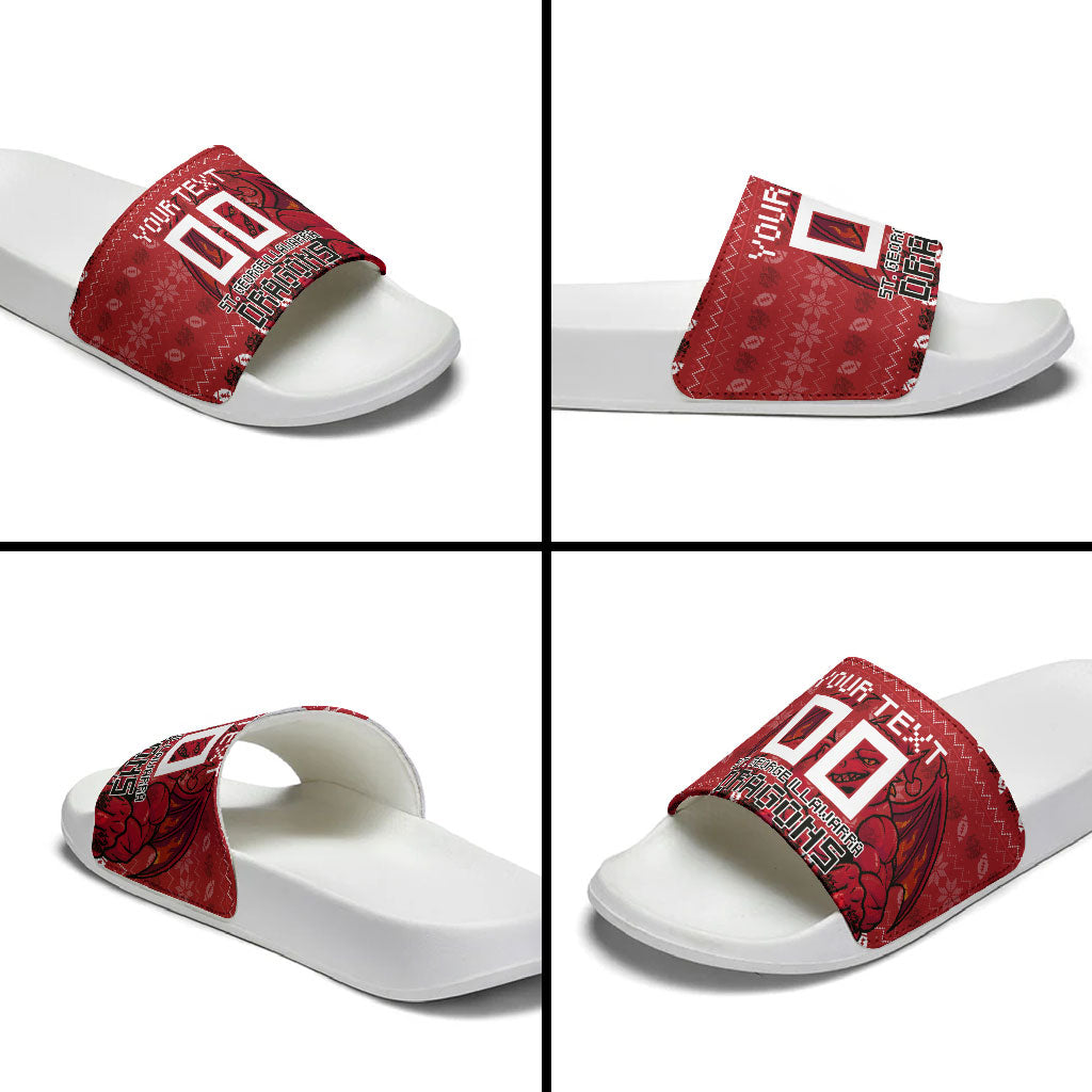 Personalized St George Illawarra Dragons Christmas Slide Sandals Australian Rugby Fans - Pixelated Ugly Xmas Pattern Mascot Santa