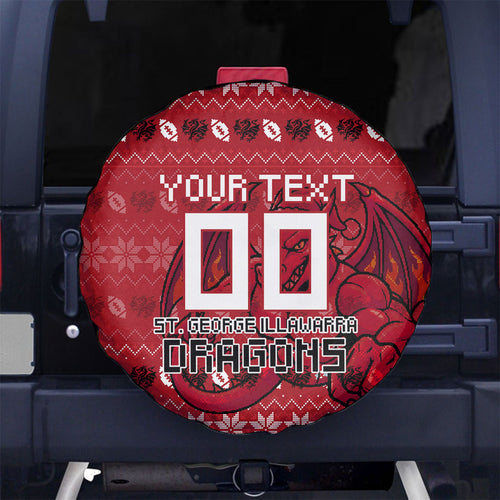 Personalized St George Illawarra Dragons Christmas Spare Tire Cover Australian Rugby Fans - Pixelated Ugly Xmas Pattern Mascot Santa