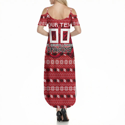 Personalized St George Illawarra Dragons Christmas Summer Maxi Dress Australian Rugby Fans - Pixelated Ugly Xmas Pattern Mascot Santa