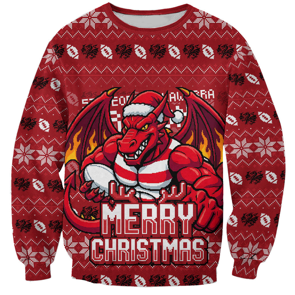 Personalized St George Illawarra Dragons Christmas Sweatshirt Australian Rugby Fans - Pixelated Ugly Xmas Pattern Mascot Santa