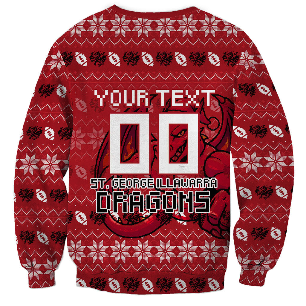 Personalized St George Illawarra Dragons Christmas Sweatshirt Australian Rugby Fans - Pixelated Ugly Xmas Pattern Mascot Santa