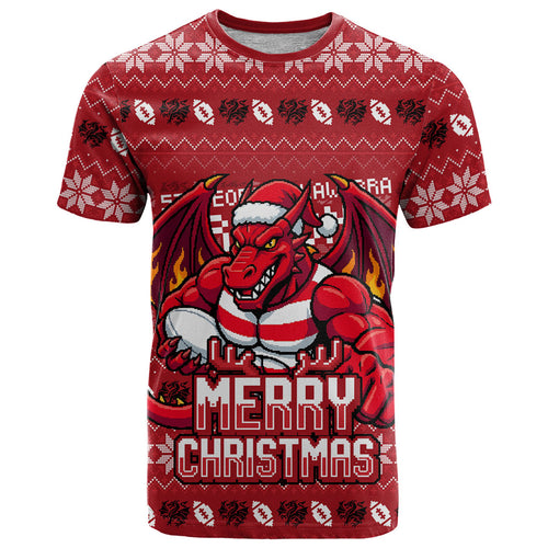 Personalized St George Illawarra Dragons Christmas T Shirt Australian Rugby Fans - Pixelated Ugly Xmas Pattern Mascot Santa
