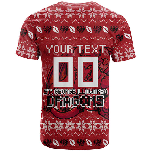 Personalized St George Illawarra Dragons Christmas T Shirt Australian Rugby Fans - Pixelated Ugly Xmas Pattern Mascot Santa