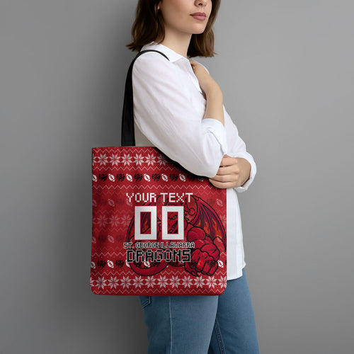 Personalized St George Illawarra Dragons Christmas Tote Bag Australian Rugby Fans - Pixelated Ugly Xmas Pattern Mascot Santa