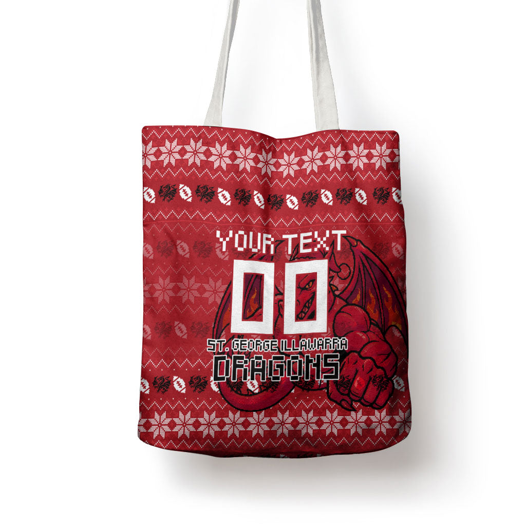 Personalized St George Illawarra Dragons Christmas Tote Bag Australian Rugby Fans - Pixelated Ugly Xmas Pattern Mascot Santa