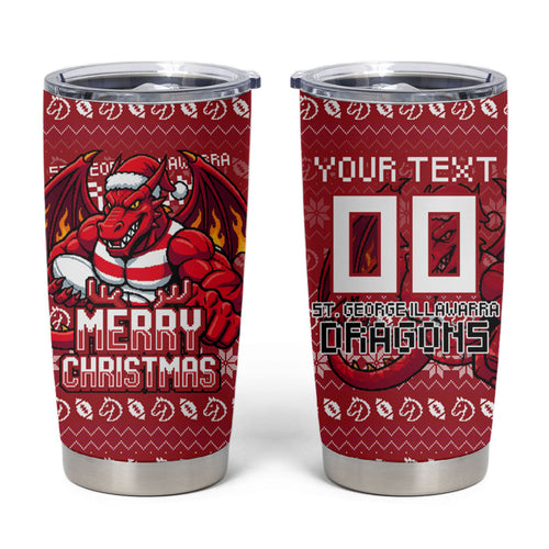 Personalized St George Illawarra Dragons Christmas Tumbler Cup Australian Rugby Fans - Pixelated Ugly Xmas Pattern Mascot Santa