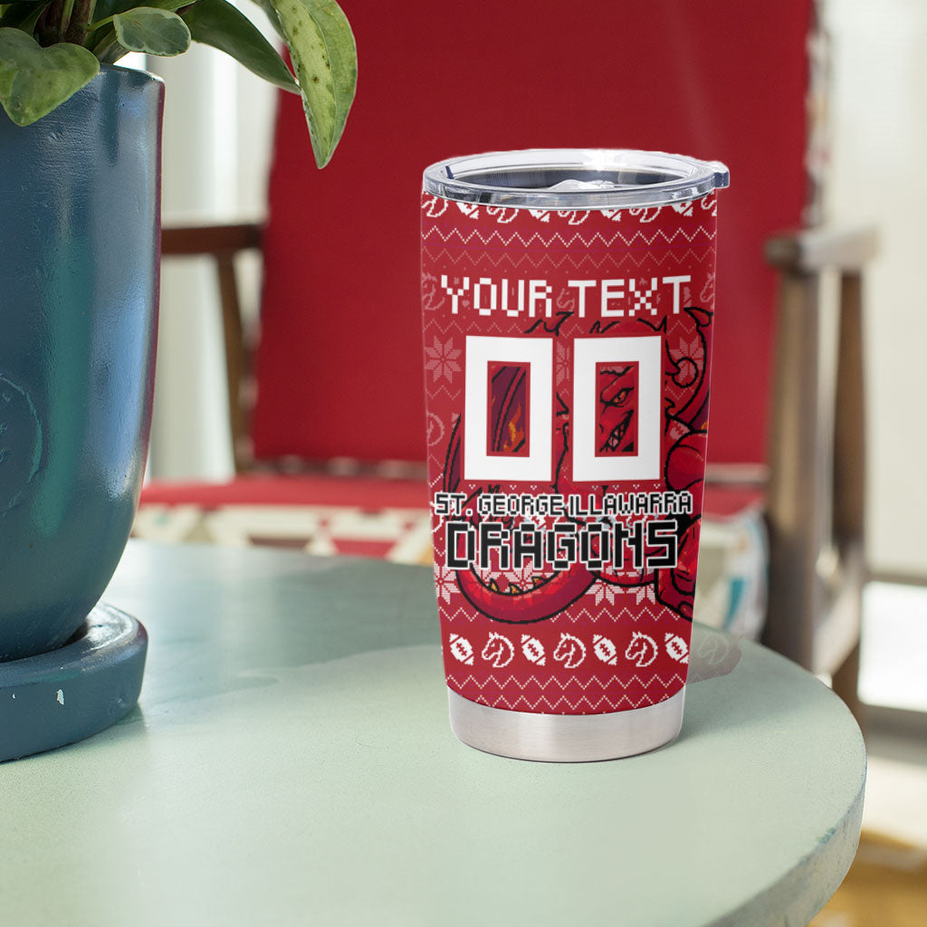 Personalized St George Illawarra Dragons Christmas Tumbler Cup Australian Rugby Fans - Pixelated Ugly Xmas Pattern Mascot Santa