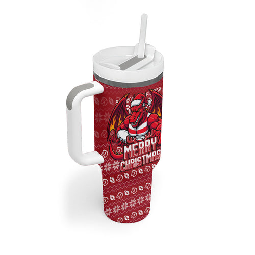 Personalized St George Illawarra Dragons Christmas Tumbler With Handle Australian Rugby Fans - Pixelated Ugly Xmas Pattern Mascot Santa