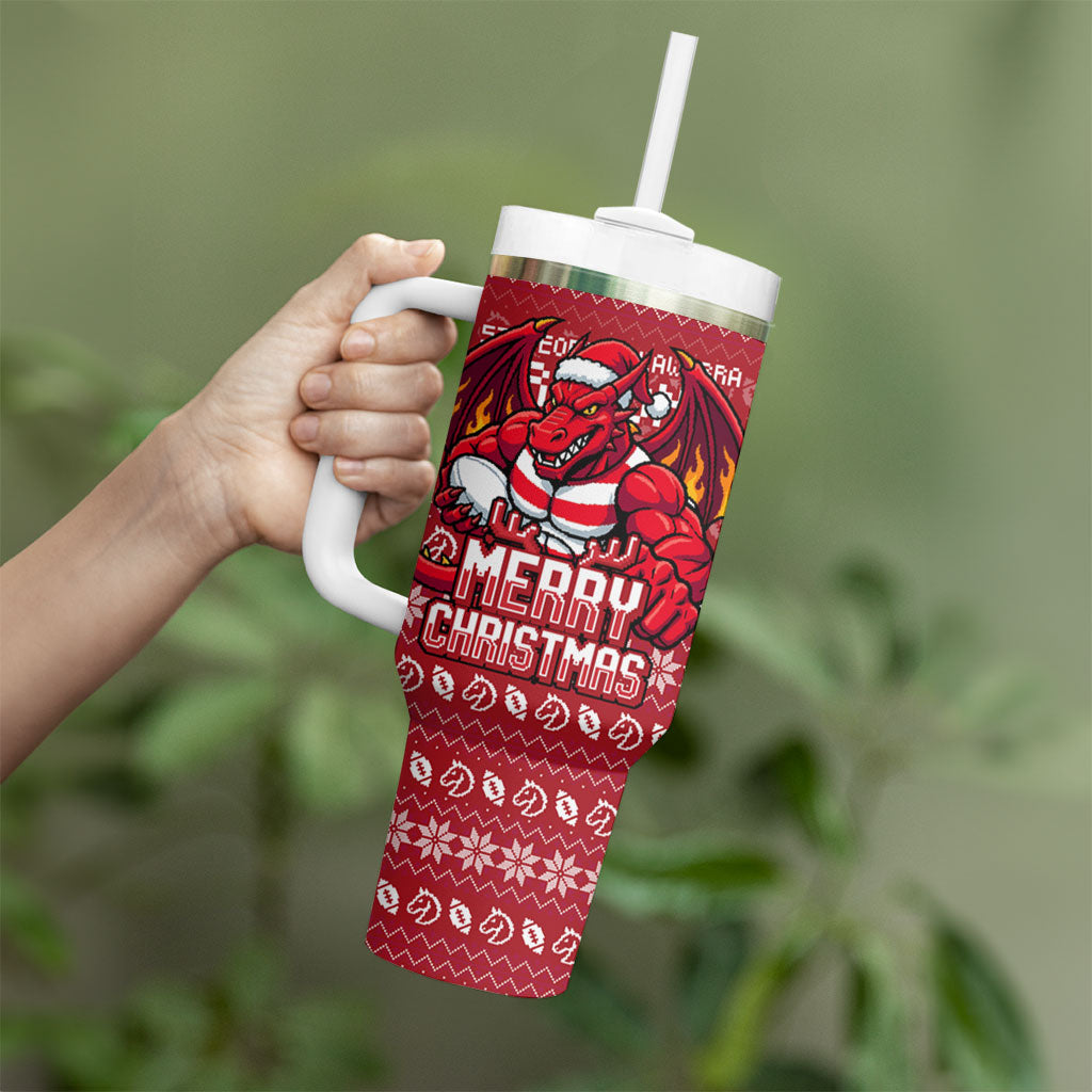 Personalized St George Illawarra Dragons Christmas Tumbler With Handle Australian Rugby Fans - Pixelated Ugly Xmas Pattern Mascot Santa