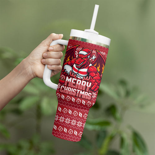 Personalized St George Illawarra Dragons Christmas Tumbler With Handle Australian Rugby Fans - Pixelated Ugly Xmas Pattern Mascot Santa