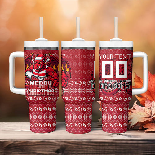 Personalized St George Illawarra Dragons Christmas Tumbler With Handle Australian Rugby Fans - Pixelated Ugly Xmas Pattern Mascot Santa