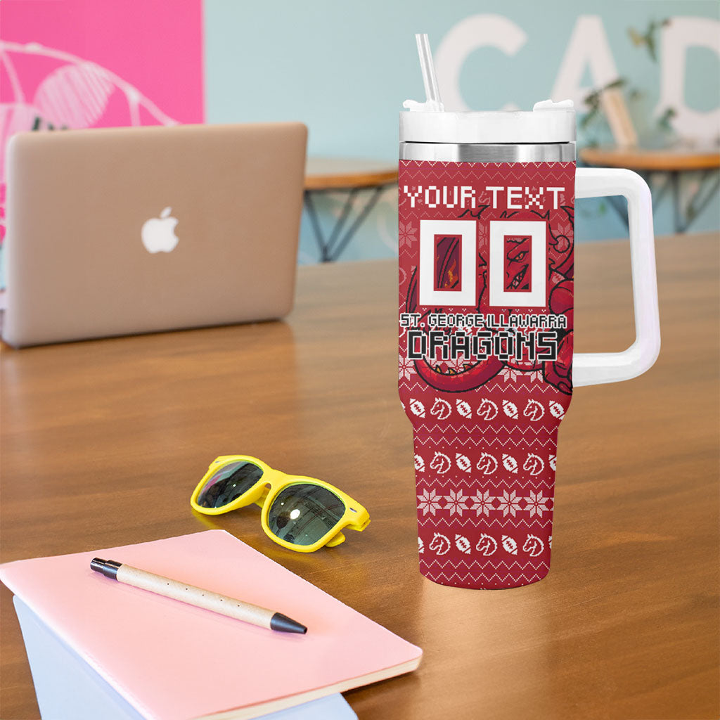 Personalized St George Illawarra Dragons Christmas Tumbler With Handle Australian Rugby Fans - Pixelated Ugly Xmas Pattern Mascot Santa