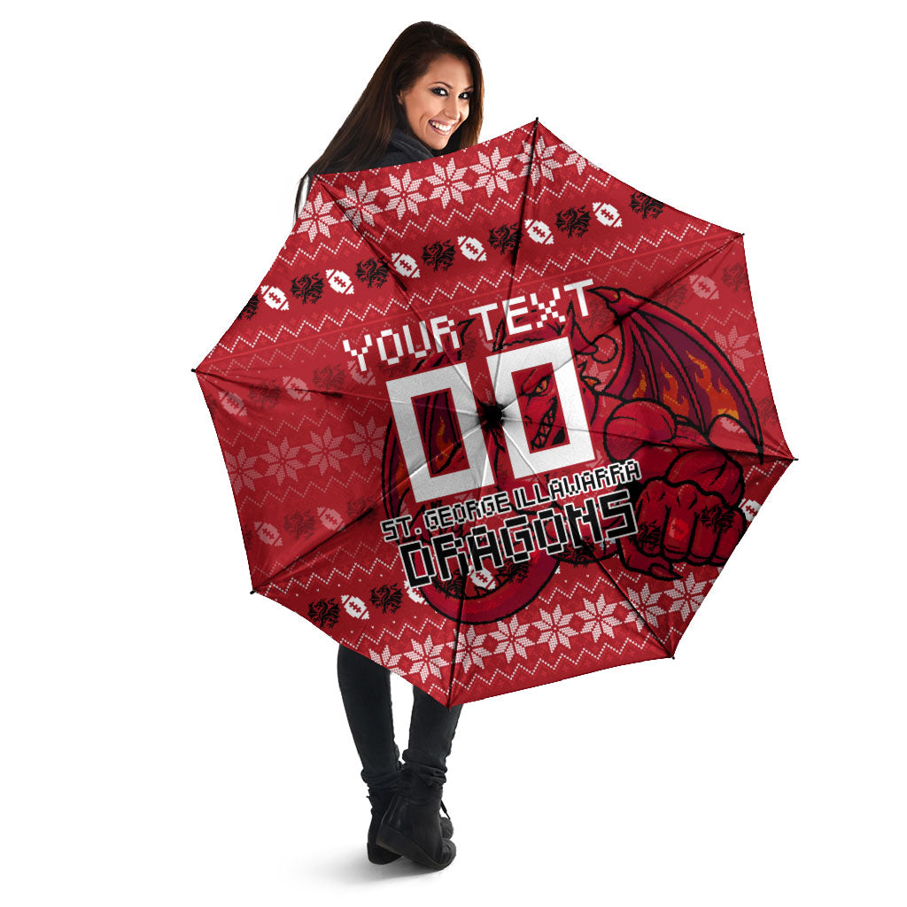 Personalized St George Illawarra Dragons Christmas Umbrella Australian Rugby Fans - Pixelated Ugly Xmas Pattern Mascot Santa