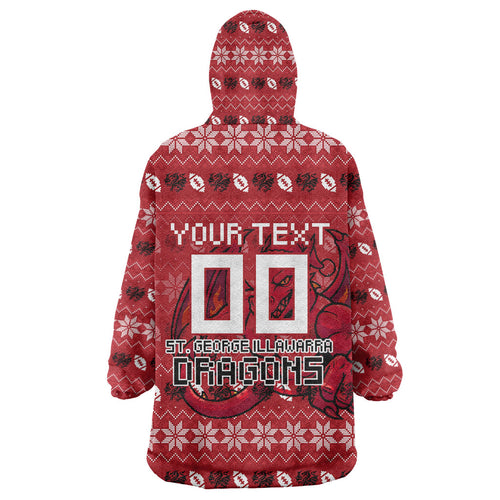 Personalized St George Illawarra Dragons Christmas Wearable Blanket Hoodie Australian Rugby Fans - Pixelated Ugly Xmas Pattern Mascot Santa