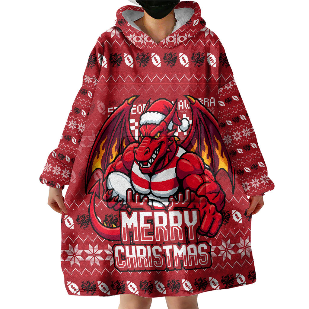 Personalized St George Illawarra Dragons Christmas Wearable Blanket Hoodie Australian Rugby Fans - Pixelated Ugly Xmas Pattern Mascot Santa