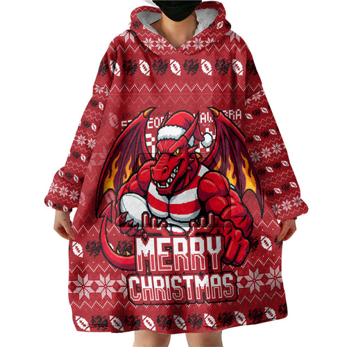 Personalized St George Illawarra Dragons Christmas Wearable Blanket Hoodie Australian Rugby Fans - Pixelated Ugly Xmas Pattern Mascot Santa
